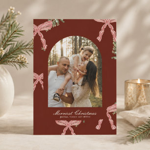 Deep Red Traditional Merry & Preppy Bows & Greens Holiday Card