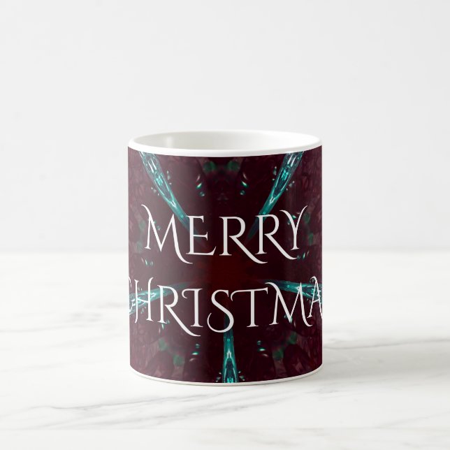 Deep Red Turquoise Merry Christmas Kaleidoscope Coffee Mug (Center)