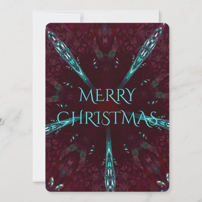 Deep Red Turquoise Merry Christmas Kaleidoscope Holiday Card (Front)