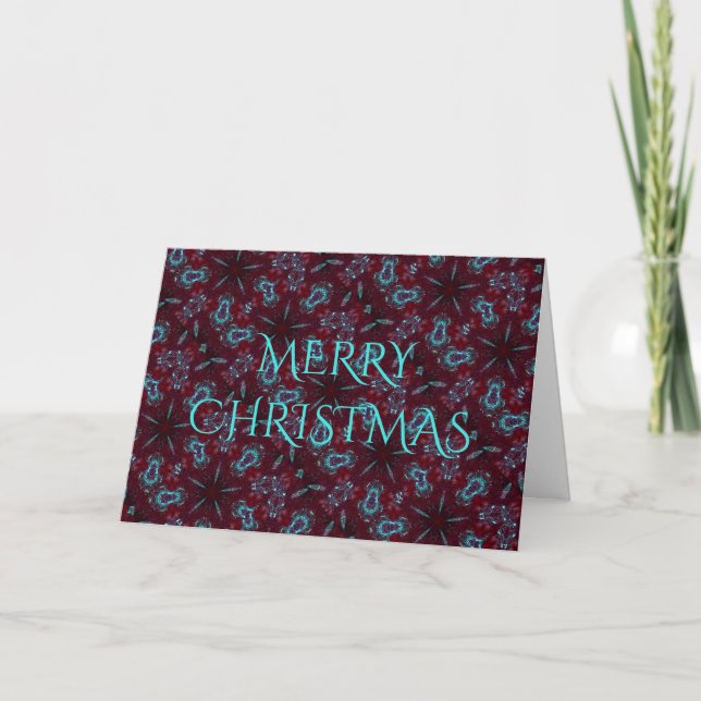 Deep Red Turquoise Merry Christmas Kaleidoscope Holiday Card (Front)