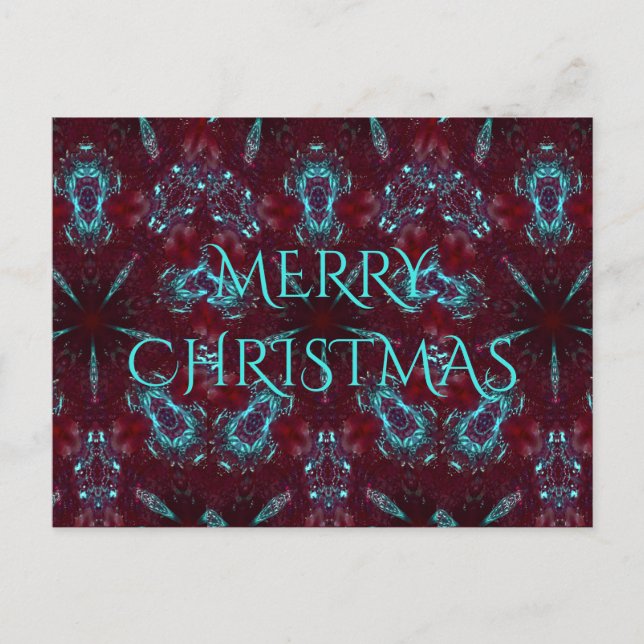 Deep Red Turquoise Merry Christmas Kaleidoscope Holiday Postcard (Front)