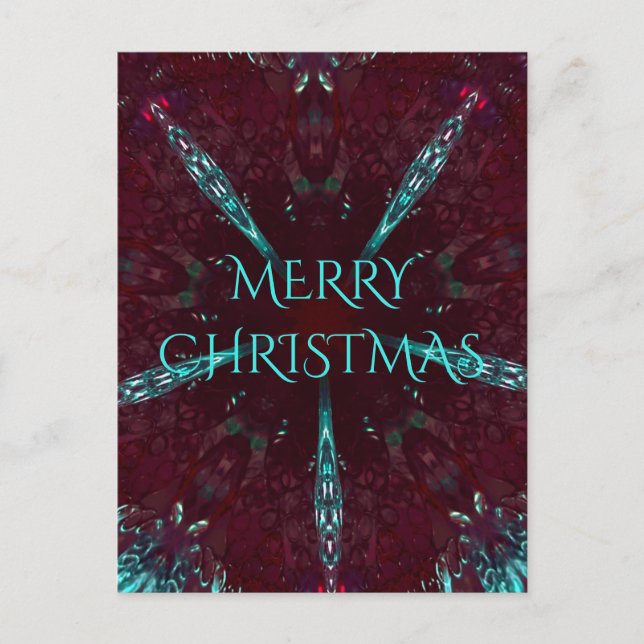 Deep Red Turquoise Merry Christmas Kaleidoscope Holiday Postcard (Front)