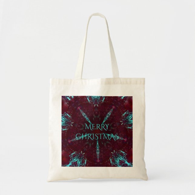 Deep Red Turquoise Merry Christmas Kaleidoscope Tote Bag (Front)