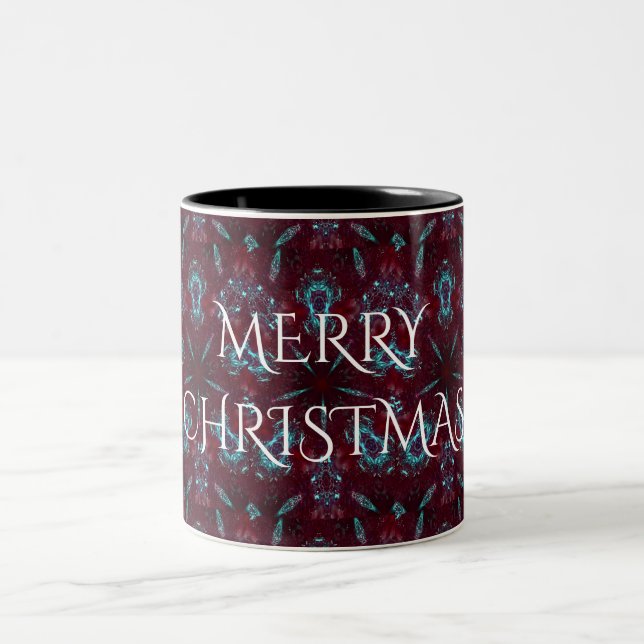 Deep Red Turquoise Merry Christmas Kaleidoscope Two-Tone Coffee Mug (Center)
