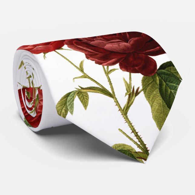 Deep red vintage roses painting tie (Rolled)