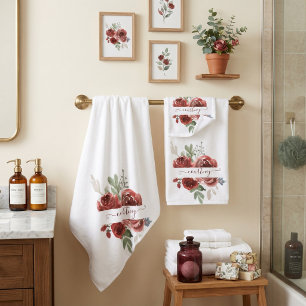 Deep red watercolor floral personalised bath towel set