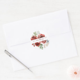 Deep red watercolor floral personalised classic round sticker