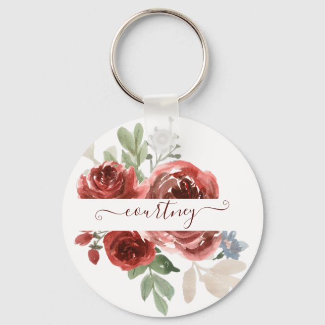 Deep red watercolor floral personalised  key ring (Front)