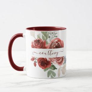 Deep red watercolor floral personalised mug