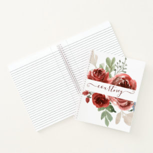 Deep red watercolor floral personalised notebook