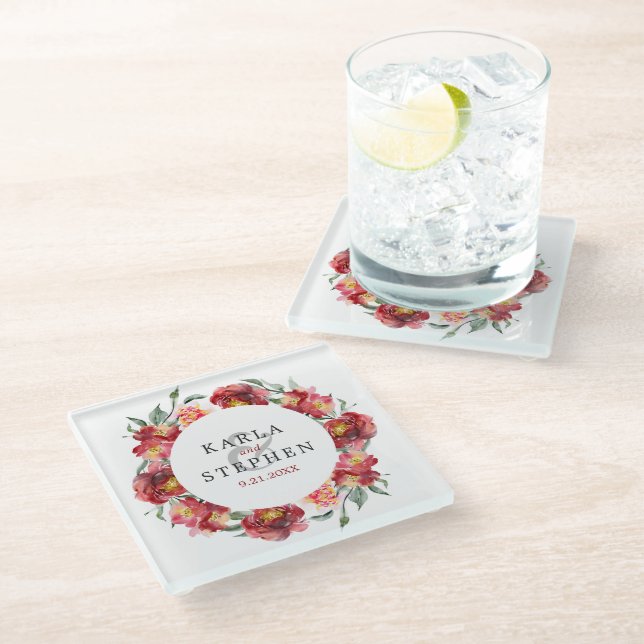 Deep-red Watercolor Flowers Wedding Wreath Glass Coaster (Angled)
