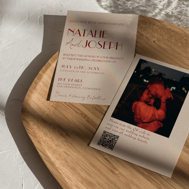 Deep Red Whimsical Modern QR Code Photo Wedding Invitation (Creator Uploaded)