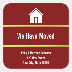 Deep Red White and Faux Gold Moving Announcement Square Sticker
