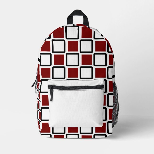 Deep Red & White Backpack – Bold Geometric Squares (Front)