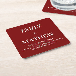 DEEP RED WHITE CUSTOM NAME SIMPLE STYLISH WEDDING SQUARE PAPER COASTER