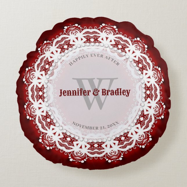 Deep Red & White Lace Wedding Keepsake Gift Round Cushion (Front)