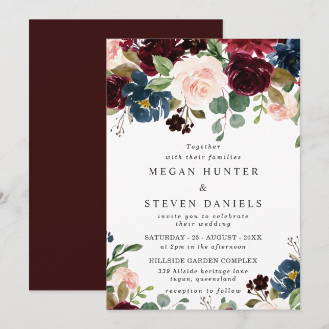 Deep Red Wine Burgundy Blush Navy Wedding Invitation (Front/Back)