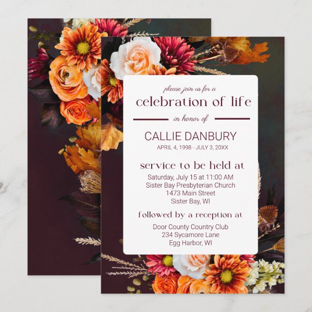 Deep Rich Florals Funeral Celebration of Life Invitation (Front/Back)