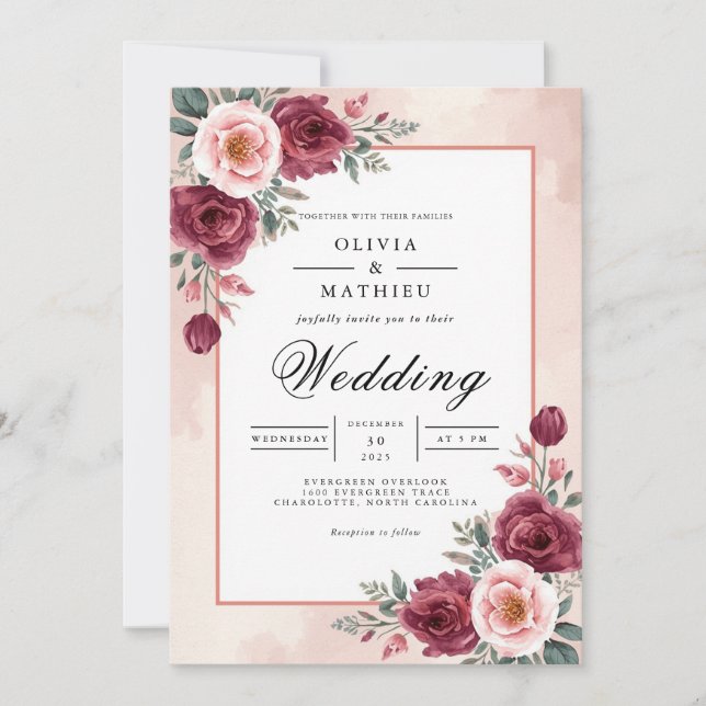 Deep Rose Floral Archway Wedding Invitation (Front)
