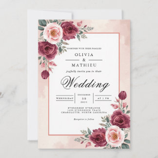 Deep Rose Floral Archway Wedding Invitation