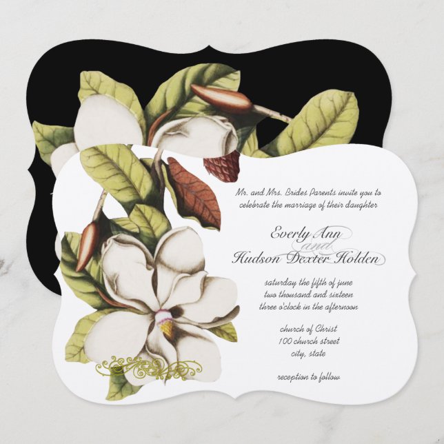 Deep Rose Magnolia Copper and Green Floral Invitation (Front/Back)