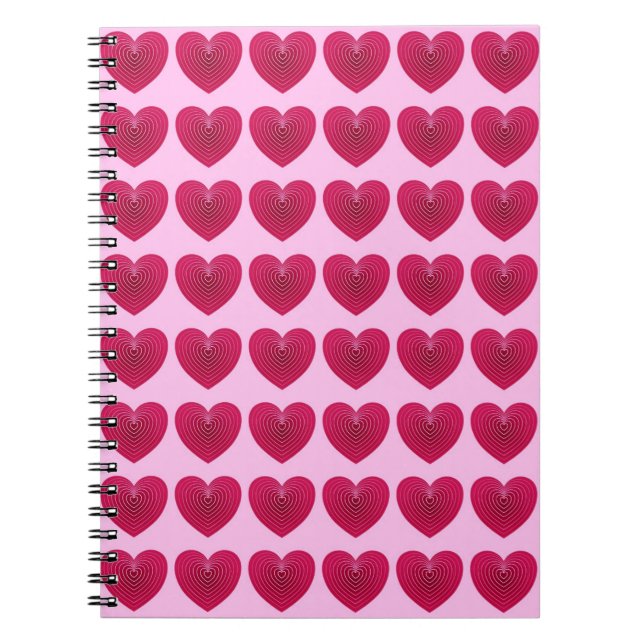 Deep rose red hearts on a pale pink background notebook (Front)