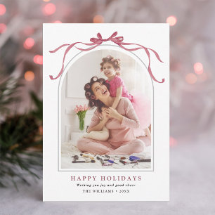 Deep Rose Ribbon Bow Arched Photo Frame Holiday Card