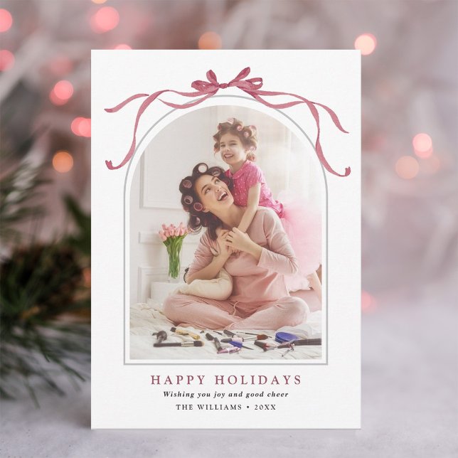 Deep Rose Ribbon Bow Arched Photo Frame Holiday Card (Creator Uploaded)