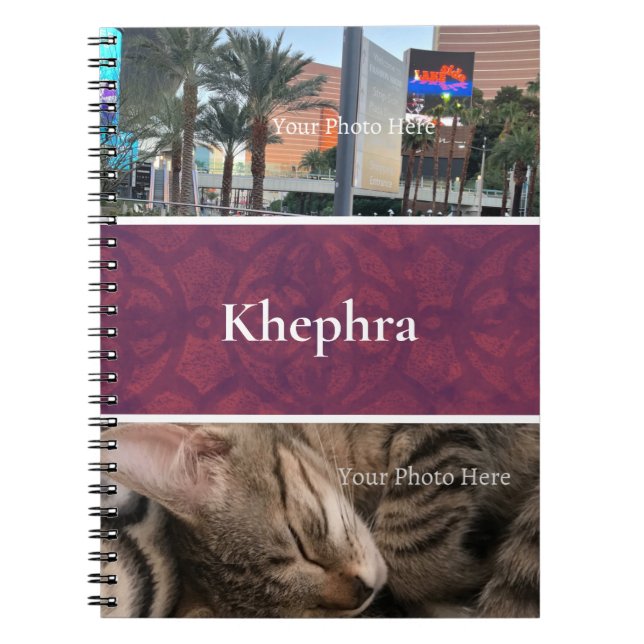 Deep Ruby Batik Photo Collage, Border, Name Notebook (Front)