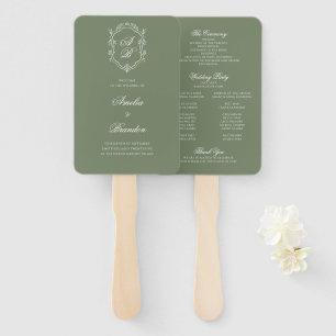 Deep Sage Green Monogram Crest Wedding Program Hand Fan