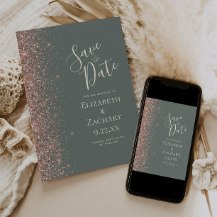 Deep Sage Green Rose Gold Save the Date Announcement