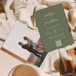Deep Sage Green Script Photo QR Code Wedding Invitation