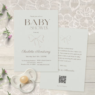 Deep Sage Green Watercolor Bow Baby Shower Invitation