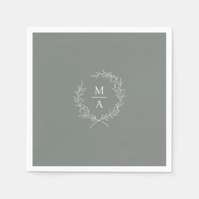 Deep Sage Simple Elegant Laurel Wreath Monogram Napkin (Front)