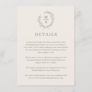 Deep Sage Simple Elegant Monogram Details Enclosure Card
