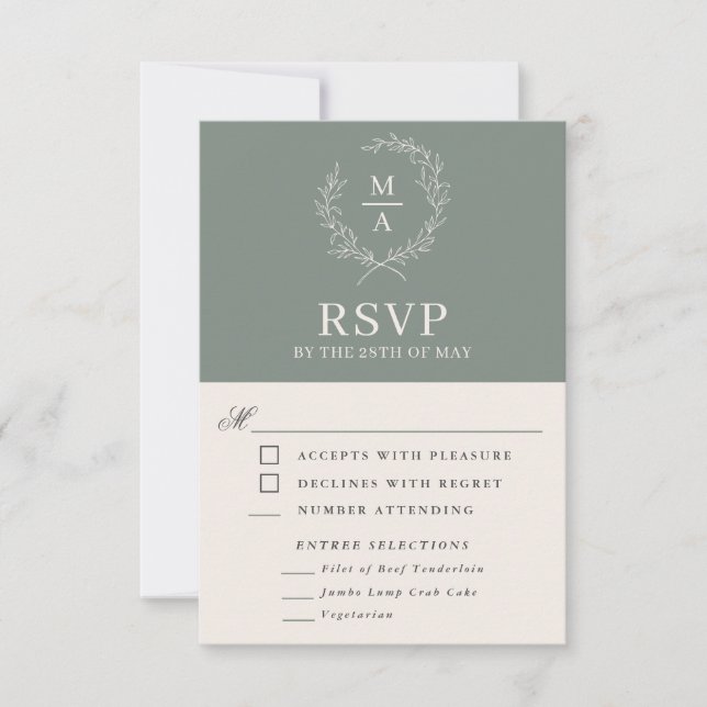Deep Sage Simple Elegant Monogram RSVP with Meals Card (Front)