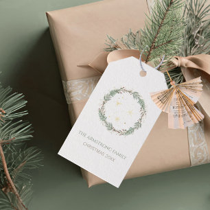 Deep Sage Wreath Gold Stars Christmas Family Name Gift Tags