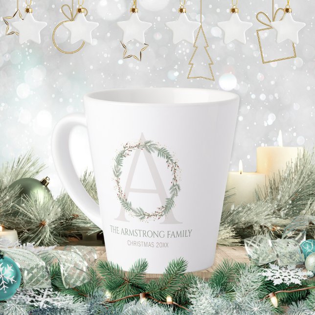 Deep Sage Wreath Monogram Family Name Keepsake Latte Mug (Deep Sage Wreath Monogram Family Name Keepsake Latte Mug ©Susanne Sachers - Sunny Mind 🌞)