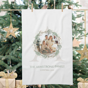 Deep Sage Wreath Monogram Home Accent Tea Towel