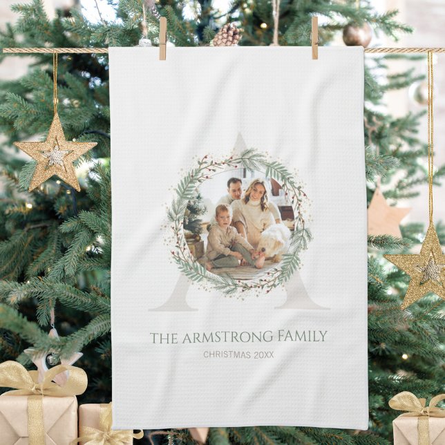 Deep Sage Wreath Monogram Photo Christmas Tea Towel (Deep Sage Wreath Monogram Home Accent Kitchen Towel ©Susanne Sachers - Sunny Mind 🌞)