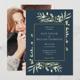 Deep Sea Blue And Gold Photo Greenery Wedding Invitation