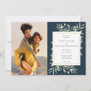 Deep Sea Blue Botanical Greenery Photos Wedding Invitation