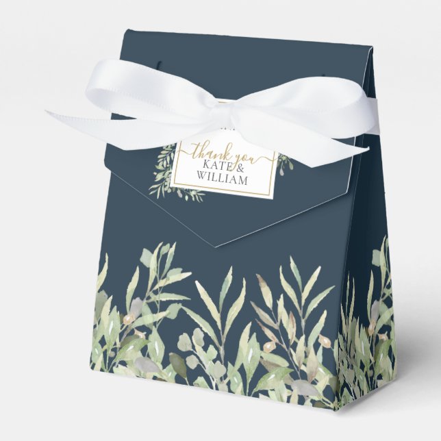 Deep Sea Blue Greenery A Sweet Beginning Wedding Favour Box (Front Side)