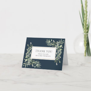 Deep Sea Blue Greenery Leaves Wedding Thank You Card