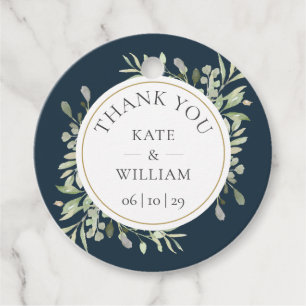 Deep Sea Blue Greenery Leaves Wedding Thank You Favour Tags
