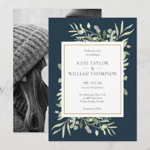 Deep Sea Blue Greenery Photo Wedding Invitation
