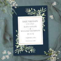 Deep Sea Blue Greenery Wedding Save the Date