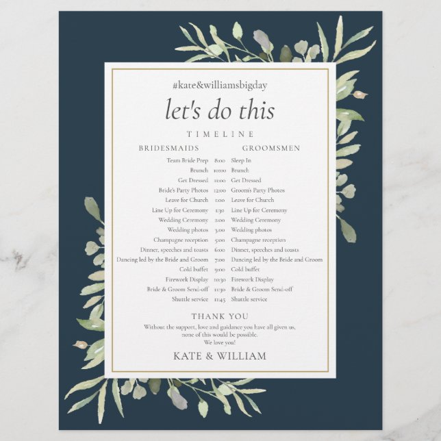 Deep Sea Blue Greenery Wedding Schedule Timeline (Front)