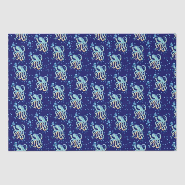 Deep Sea Cute Octopus Blue Bubble Navy  Tissue Paper (Front)