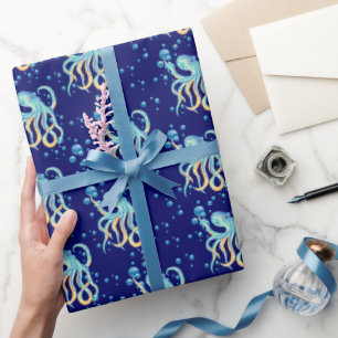Deep Sea Cute Octopus Blue Bubble Navy  Wrapping Paper